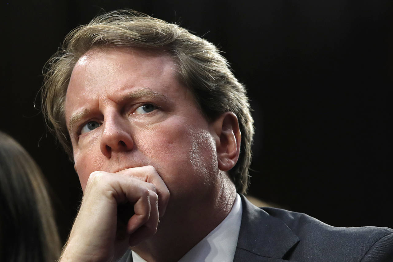 In this 2018 photo, White House counsel Don McGahn listens as he attends a confirmation hearing for Supreme Court nominee Brett Kavanaugh. (AP Photo/Jacquelyn Martin, file)