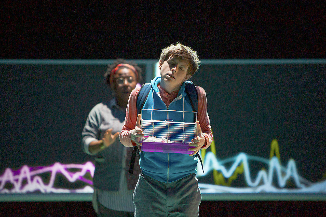 Jéhan Òsanyìn (Siobhan) and Michael Krenning (Christopher) in Village Theatre’s “The Curious Incident of the Dog in the Night-Time.” See the non-musical show through May 19 at the Everett Performing Arts Center. (Tracy Martin/Village Theatre)