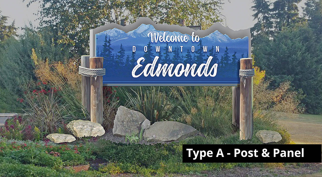 This downtown Edmonds gateway sign, developed by the city through a process with Clayton Moss, was officially chosen to be replace the old sign. (Clayton Moss)