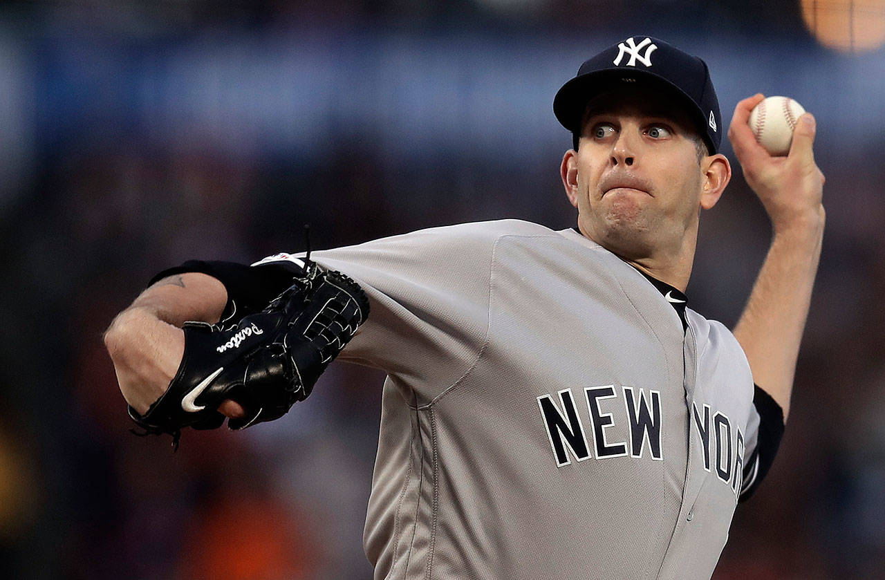 Yankees pitcher James Paxton works against the Giants in the first inning of a game on April 26, 2019, in San Francisco. (AP Photo/Ben Margot)