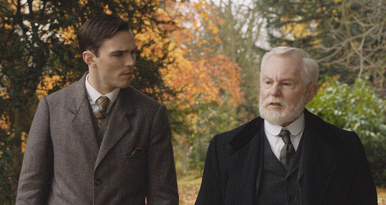 Nicholas Hoult, as the young J.R.R. Tolkien, and Derek Jacobi in a scene from “Tolkien.” (Fox Searchlight Pictures)