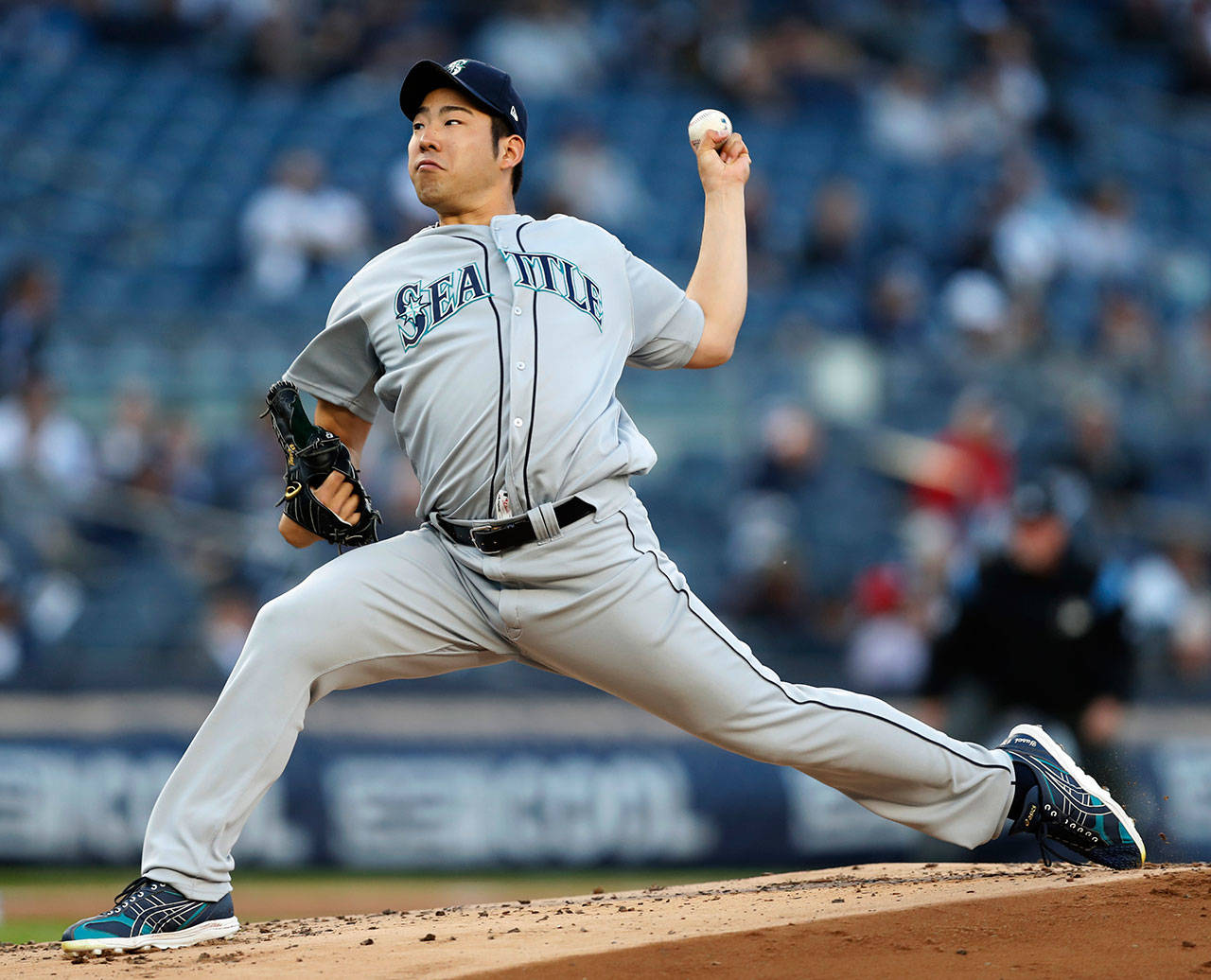 Mariners starting pitcher Yusei Kikuchi throws during the first inning of a game against the Yankees on May 8, 2019, in New York. (AP Photo/Kathy Willens)