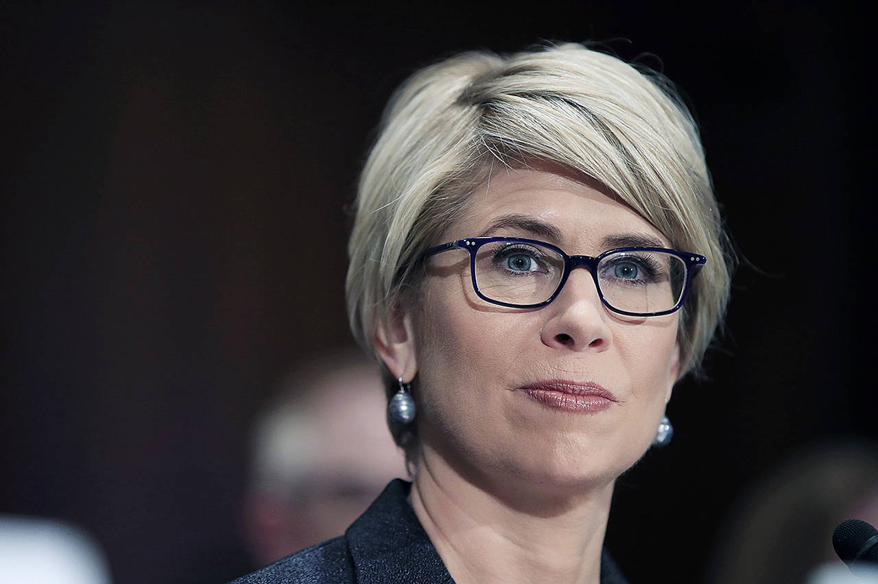 Kimberly Reed, President Donald Trump’s nominee to be president of Export-Import Bank of the United States, testifies before a Senate Banking Committee hearing on her confirmation on Capitol Hill in Washington in 2018. (AP Photo/Manuel Balce Ceneta, file)
