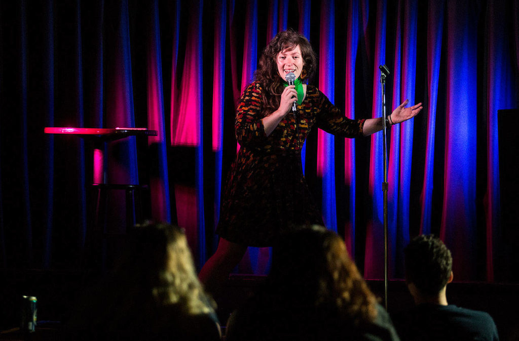 Seattle comedian Jill Silva delivers her stand-up routine at the Comedy Garage. (Andy Bronson / The Herald)
