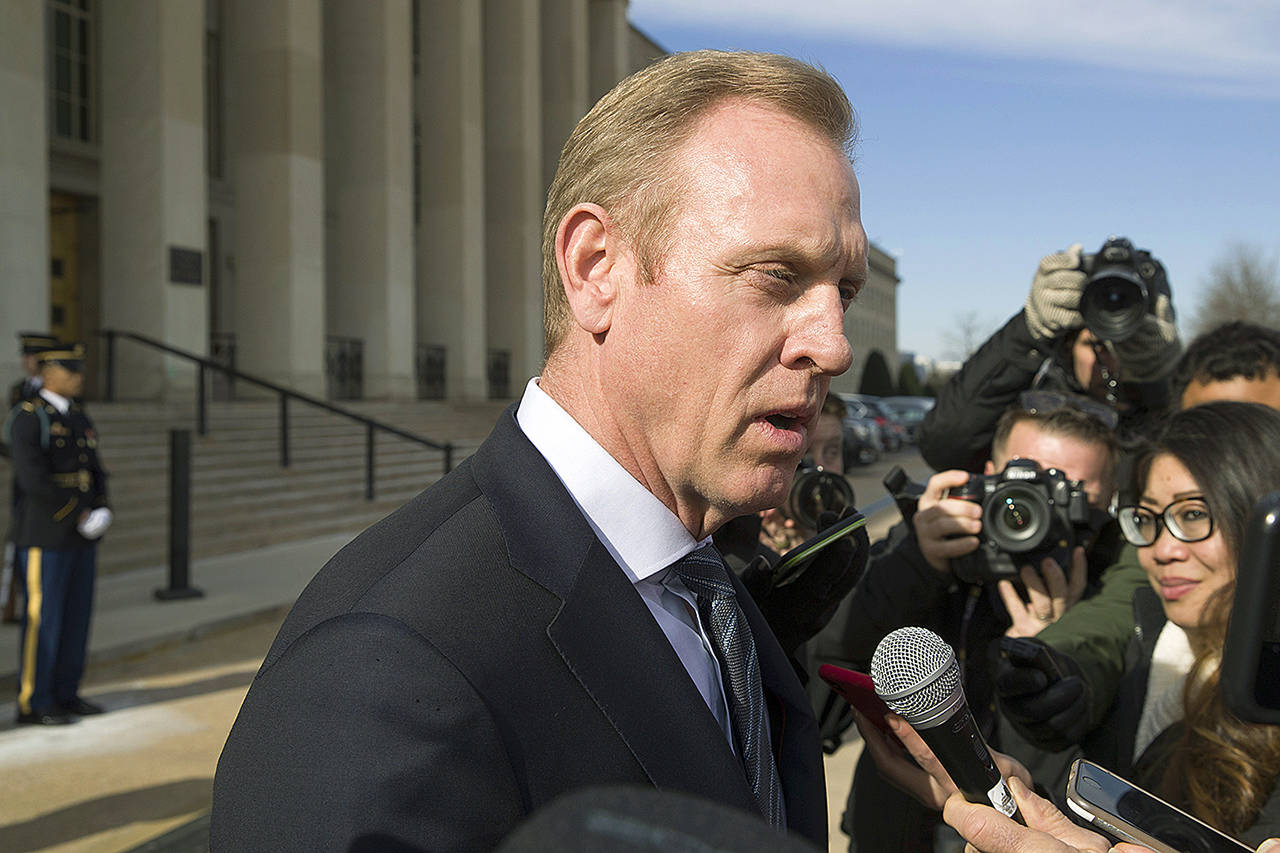 In this Jan. 28 photo, acting Defense Secretary Pat Shanahan speaks with the media as he waits for the arrival of NATO Secretary General Jens Stoltenberg at the Pentagon in Washington. President Donald Trump said he will nominate Shanahan to be his second secretary of defense. (AP Photo/Alex Brandon, File)