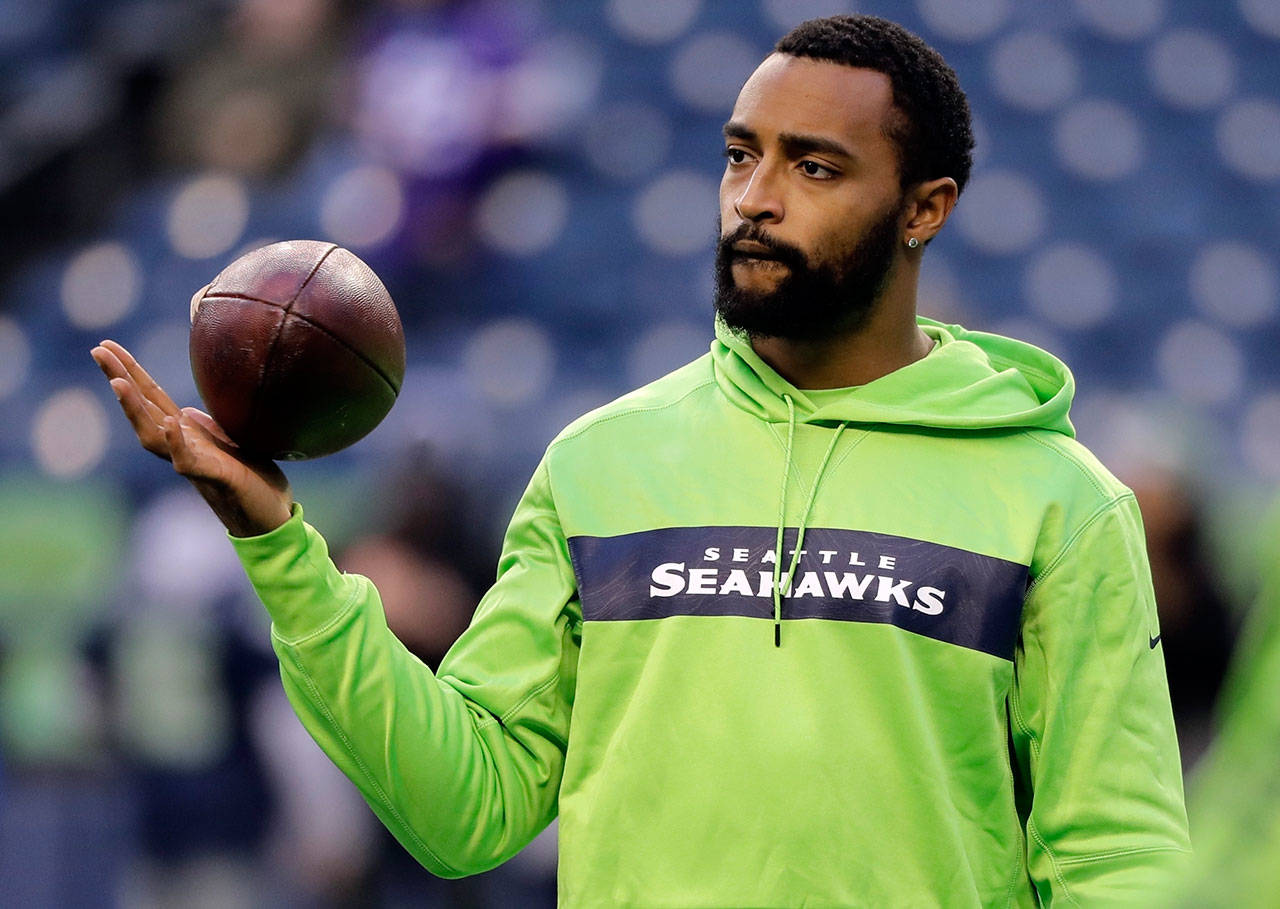 Seahawks wide receiver Doug Baldwin looks on during warm-ups before a game against the Vikings on Dec. 10, 2018, in Seattle. (AP Photo / Ted S. Warren)