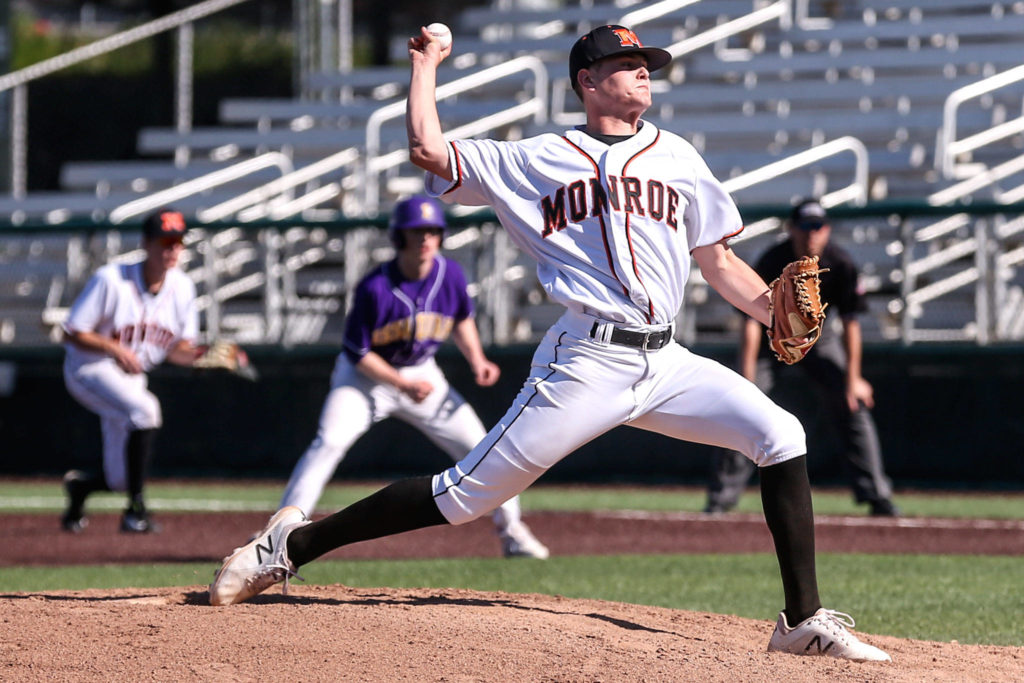 Monroe sophomore pitcher Luke Zmolik escaped several jams and limited Issaquah to three runs in five innings. (Kevin Clark / The Herald)
