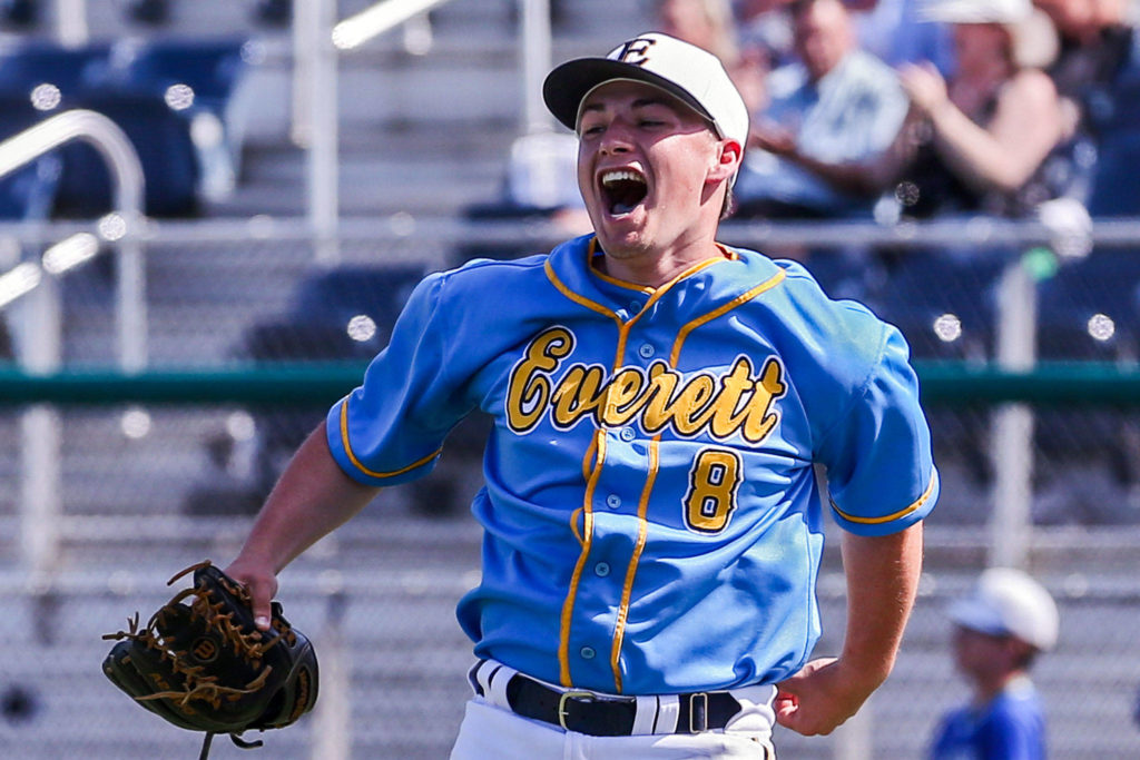 Everett’s Nick Mardesich celebrates after pitching a shutout in the 3A District 1 Tournament championship game against Shorewood on May 11, 2019, at Funko Field at Everett Memorial Stadium. The Seagulls won 6-0. (Kevin Clark / The Herald)

