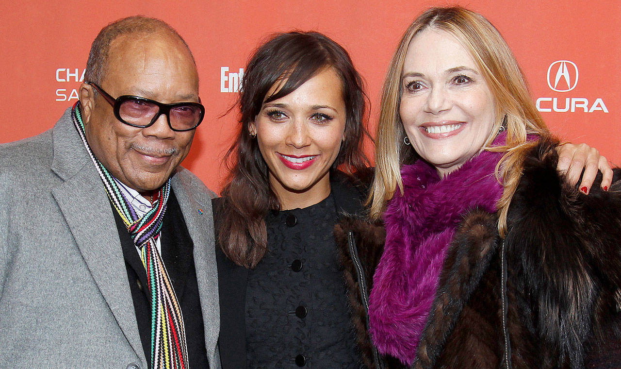 Actress Rashida Jones (center) poses with her father Quincy Jones (left) and her mother Peggy Lipton, at the premiere of “Celeste and Jesse Forever” at the 2012 Sundance Film Festival in Park City, Utah. (AP Photo/Danny Moloshok, File)