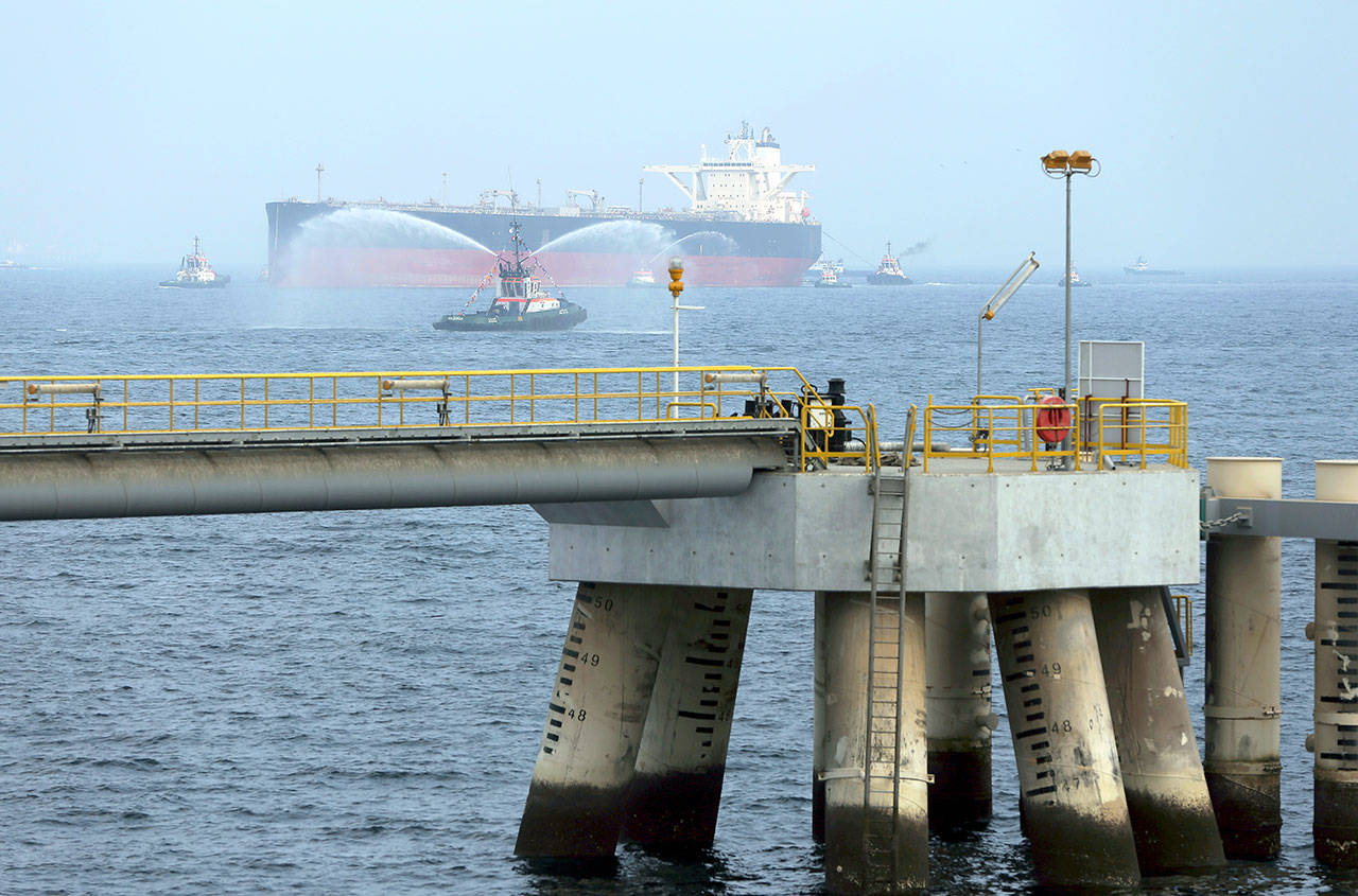 An oil tanker approaches to the new jetty during the launch of the new $650 million oil facility in Fujairah, United Arab Emirates, on Sept. 21, 2016. (AP Photo/Kamran Jebreili)