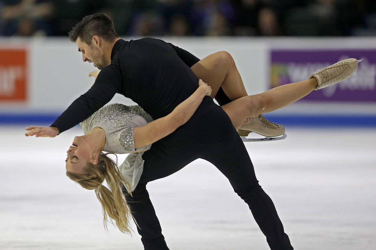 Madison Hubbell and Zachary Donohue perform during the free dance program at the 2018 Skate America competition on Sunday at Angel of the Winds Arena in Everett. (Olivia Vanni / The Herald)