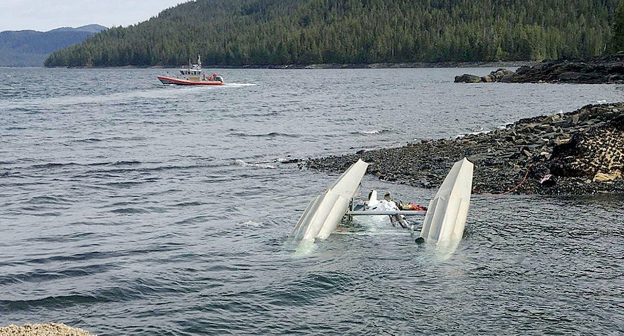 A Coast Guard Station Ketchikan 45-foot Response Boat-Medium boat crew searches for survivors from downed aircraft in the vicinity of George Inlet near Ketchikan, Alaska, on May 13. (U.S. Coast Guard)