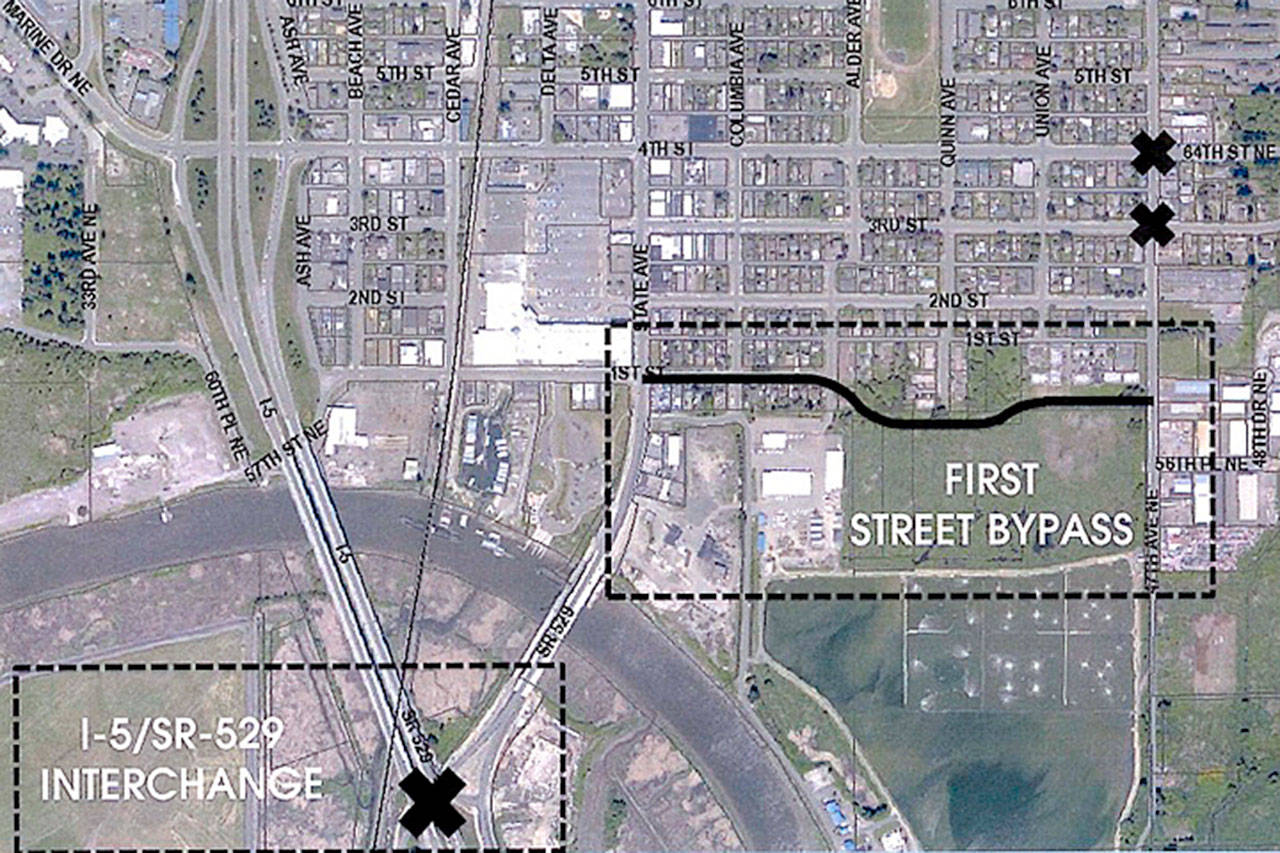 A map from a 2018 presentation shows the location of the planned First Street bypass. (City of Marysville)