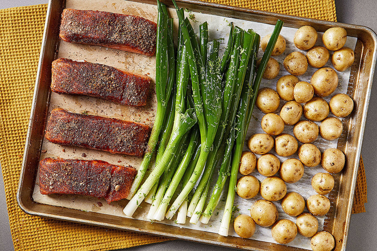 Make this brown sugar and chili-rubbed salmon sheet-pan recipe for an easy weeknight supper. (Photo by Tom McCorkle for The Washington Post; food styling by Lisa Cherkasky for The Washington Post)