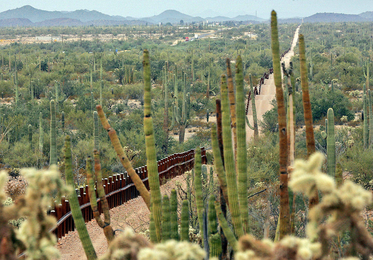 A fence separates Organ Pipe Cactus National Monument (right) and Sonyota, Mexico, running through Lukeville, Arizona. The federal government plans on replacing barriers through 100 miles of the southern border in California and Arizona, including through a this national monument and a wildlife refuge, according to government documents and environmental advocates. The Department of Homeland Security on Tuesday waived environmental and dozens of other laws to build more barriers along the southern border. (AP Photo/Matt York, File)