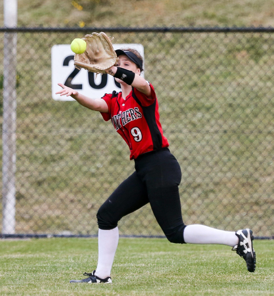 Snohomish’s Janell Williams makes a grab during a district playoff game against Everett on May 14, 2019, at Phil Johnson Ballfields in Everett. (Kevin Clark / The Herald)
