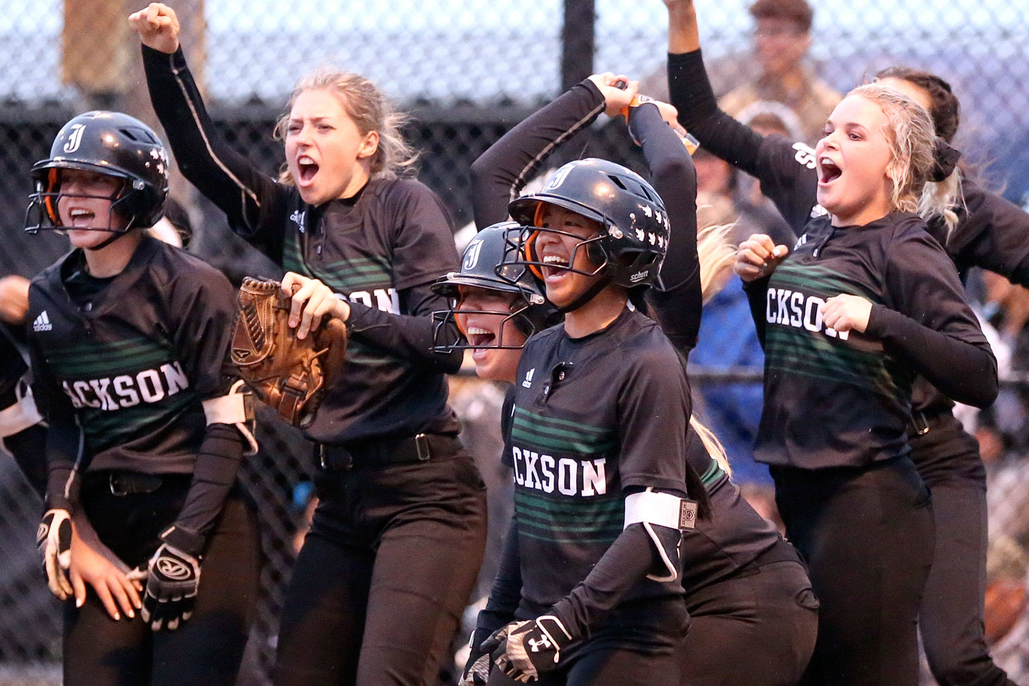 Jackson players celebrate a fourth-inning solo home run by Laina Delgado during a 5-3 win over Lake Stevens in a 4A Wes-King Bi-District semifinal Wednesday at Phil Johnson Ballfields in Everett. The Timberwolves clinched their fifth consecutive state berth with the victory. (Kevin Clark / The Herald)