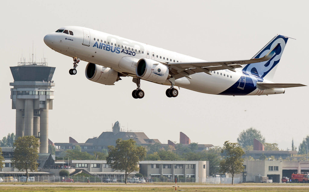An Airbus A320neo takes off for its first test flight at Toulouse-Blagnac airport in France in 2014. (AP Photo/Frederic Lancelot)
