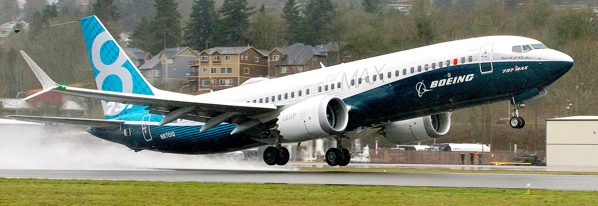 Boeing’s first 737 MAX, the Spirit of Renton, flies for the first time on Jan. 29, 2016, from Renton Municipal Airport in Renton. (Mike Siegel/Seattle Times/TNS)