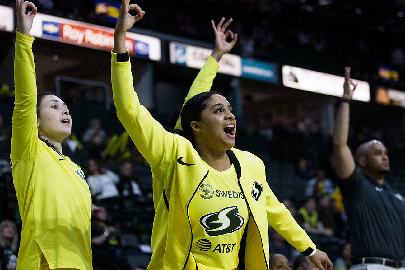 Seattle Storm’s Recee Caldwell yells after a teammate makes a three point shot during the preseason game against the Phoenix Mercury at Angel of the Winds Arena on Wednesday, May 15, 2019 in Everett, Wash. (Olivia Vanni / The Herald)