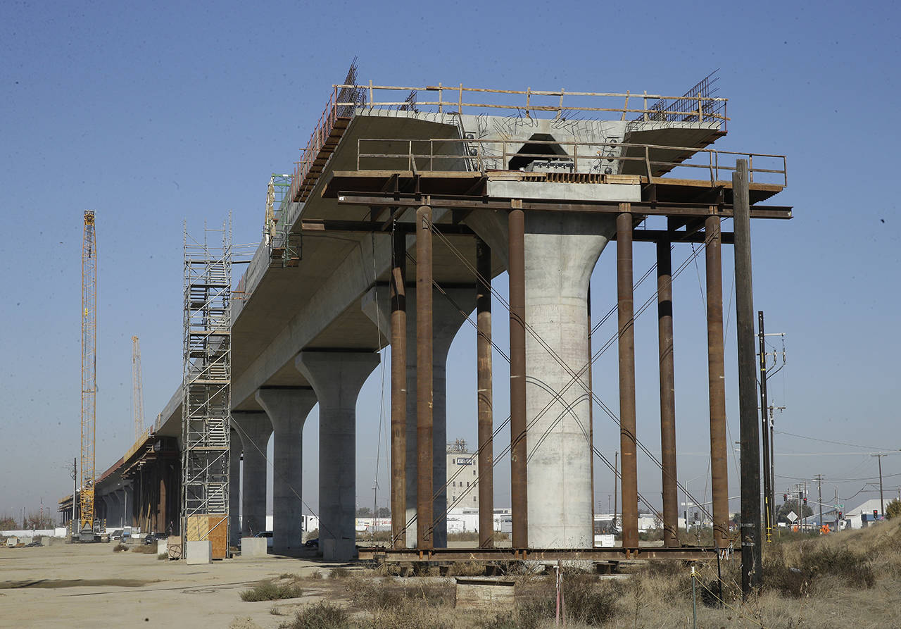 This 2017 photo shows one of the elevated sections of the high-speed rail under construction in Fresno, California. (AP Photo/Rich Pedroncelli, File)