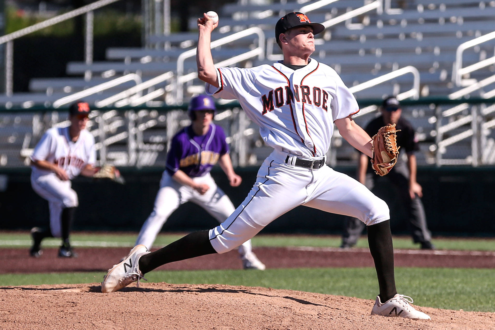 Monroe pitcher Luke Zmolik and the Bearcats are making the program’s first state appearance since 1996. (Kevin Clark / The Herald)