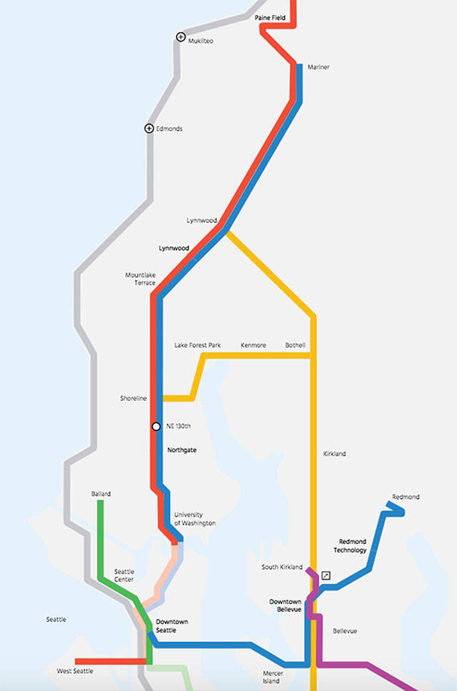 Light rail map from West Seattle to Paine Field. (Sound Transit)