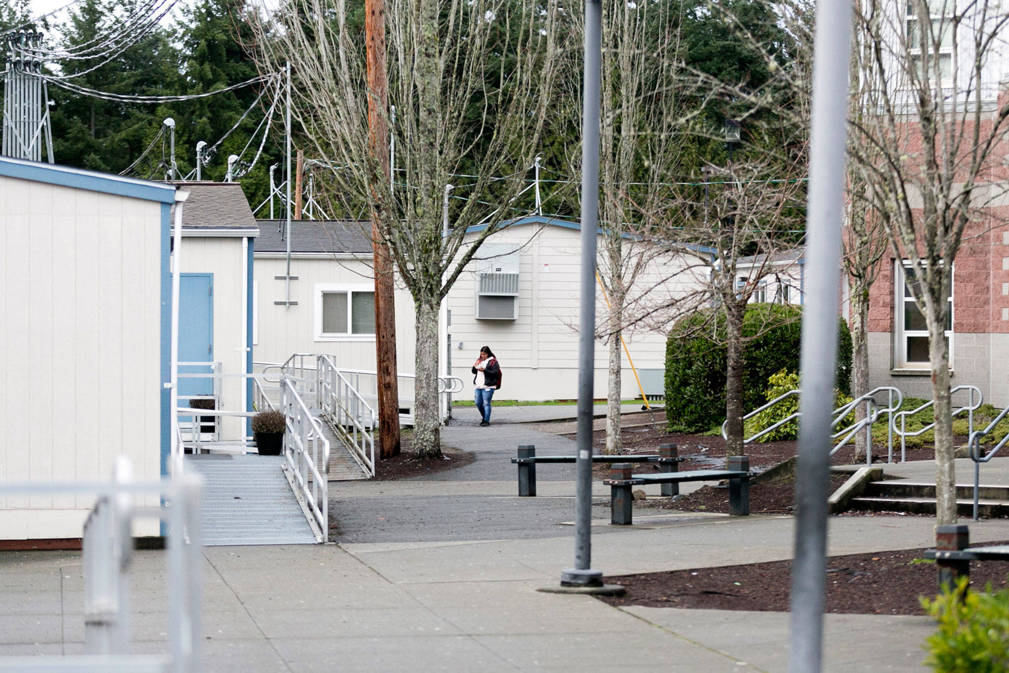 Seventeen portables dotted the landscape of Henry M. Jackson High School in Mill Creek on Jan. 22, 2018. (Kevin Clark / Herald file)