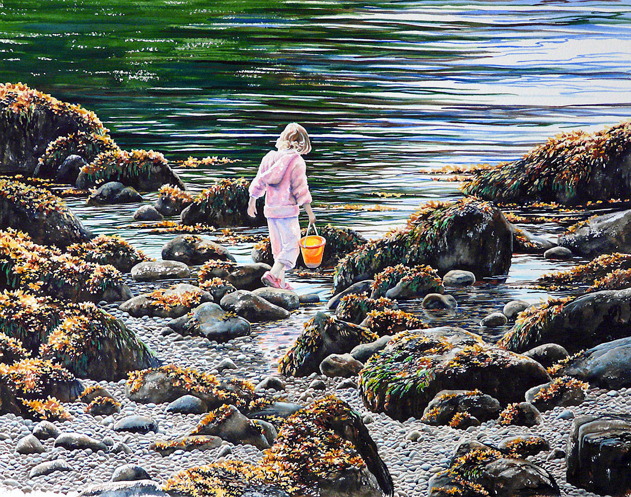 See “Tide Pool Girl” by watercolor artist Peggy Woods in an exhibit of her works titled “Northwest Shores and Waterways,” showing at the Rob Schouten Gallery in Langley.