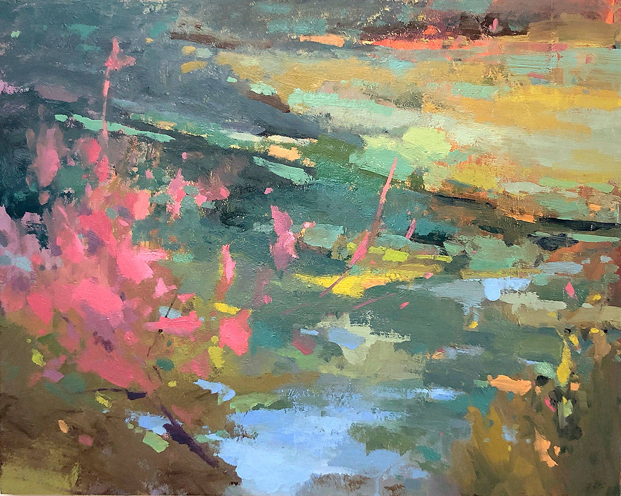 Scott Gellatly’s oil painting “Pink Tree Wetland” is part of the “Interpretive Landscapes” exhibit at Cole Gallery in Edmonds.