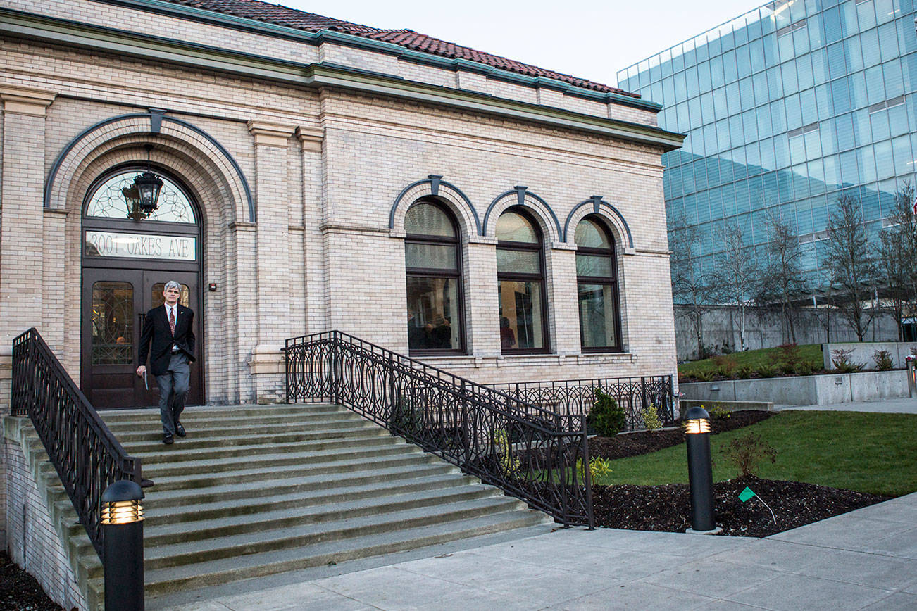 The renovated Carnegie Building in downtown Everett, as it looked in December. (Olivia Vanni / The Herald)