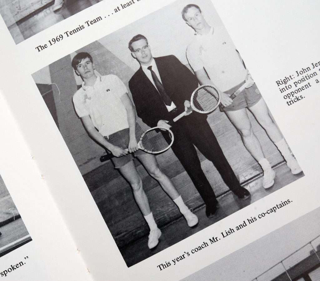 Doug Grimmius, a 1969 Arlington High School graduate and the first Eagles boys tennis player to make state, is seen at left in this yearbook photo from 1969. (Andy Bronson / The Herald)
