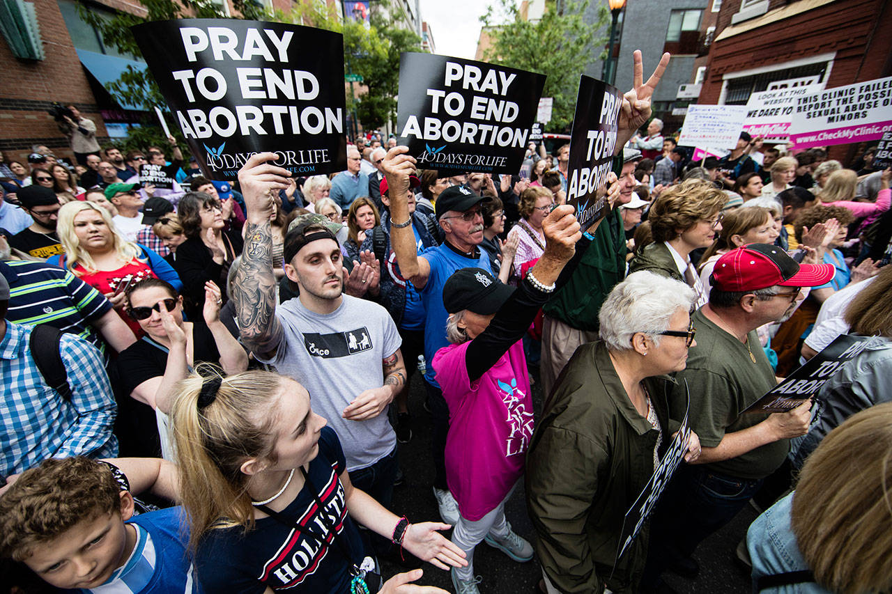 Anti-abortion protesters rally near a Planned Parenthood clinic in Philadelphia, on May 10. (Matt Rourke / Associated Press)