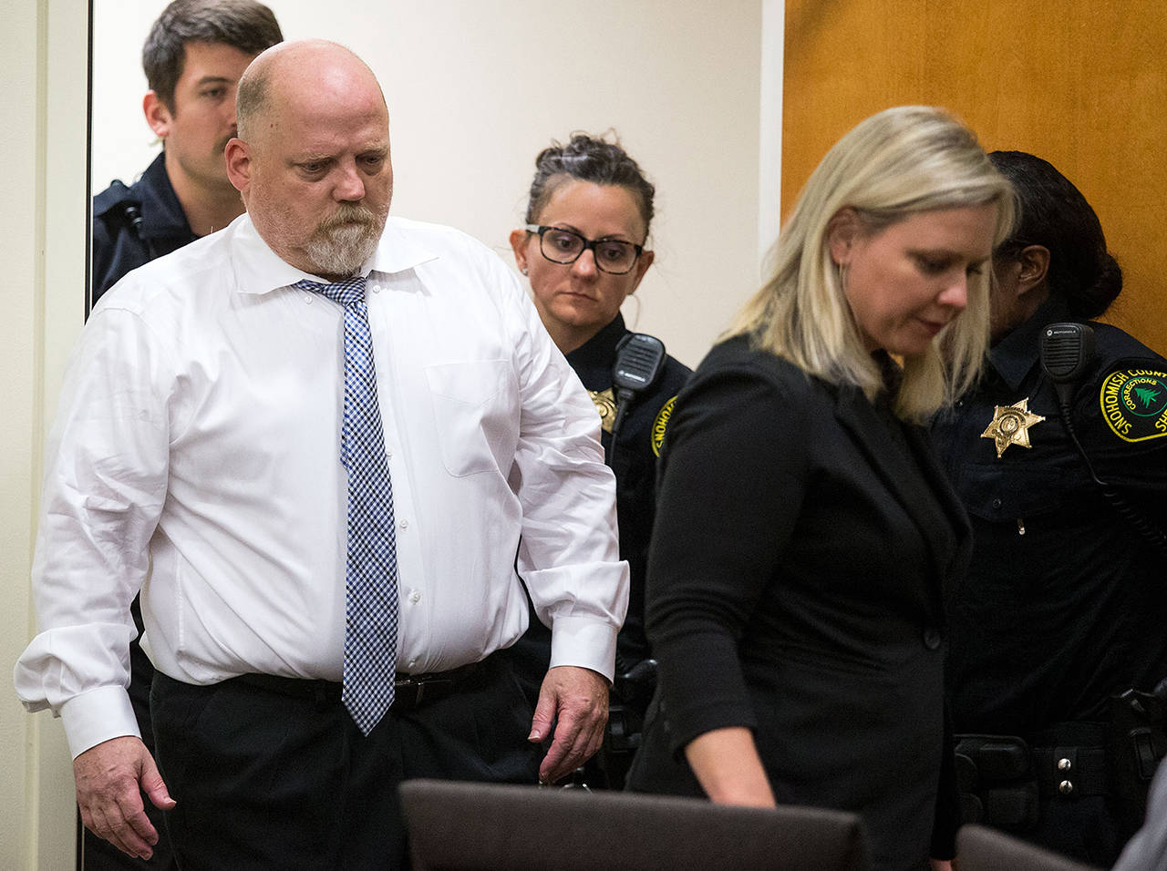 William Earl Talbott II enters Snohomsih County Superior Court with defense attorney Rachel Forde on June 19, 2018 in Everett. (Andy Bronson / Herald file)