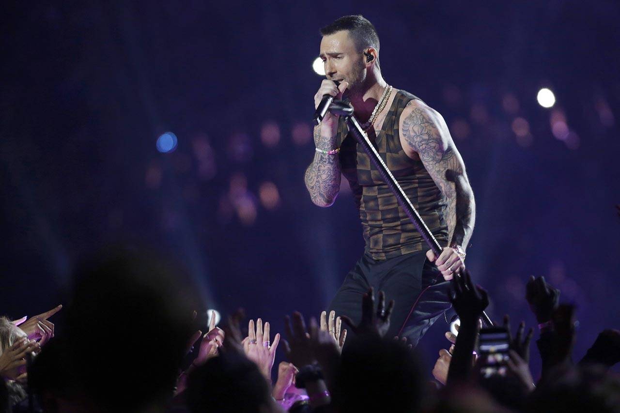 Maroon 5 frontman Adam Levine, seen here performing at halftime of Super Bowl 53, is leaving NBC’s “The Voice” after 16 seasons. (Associated Press)