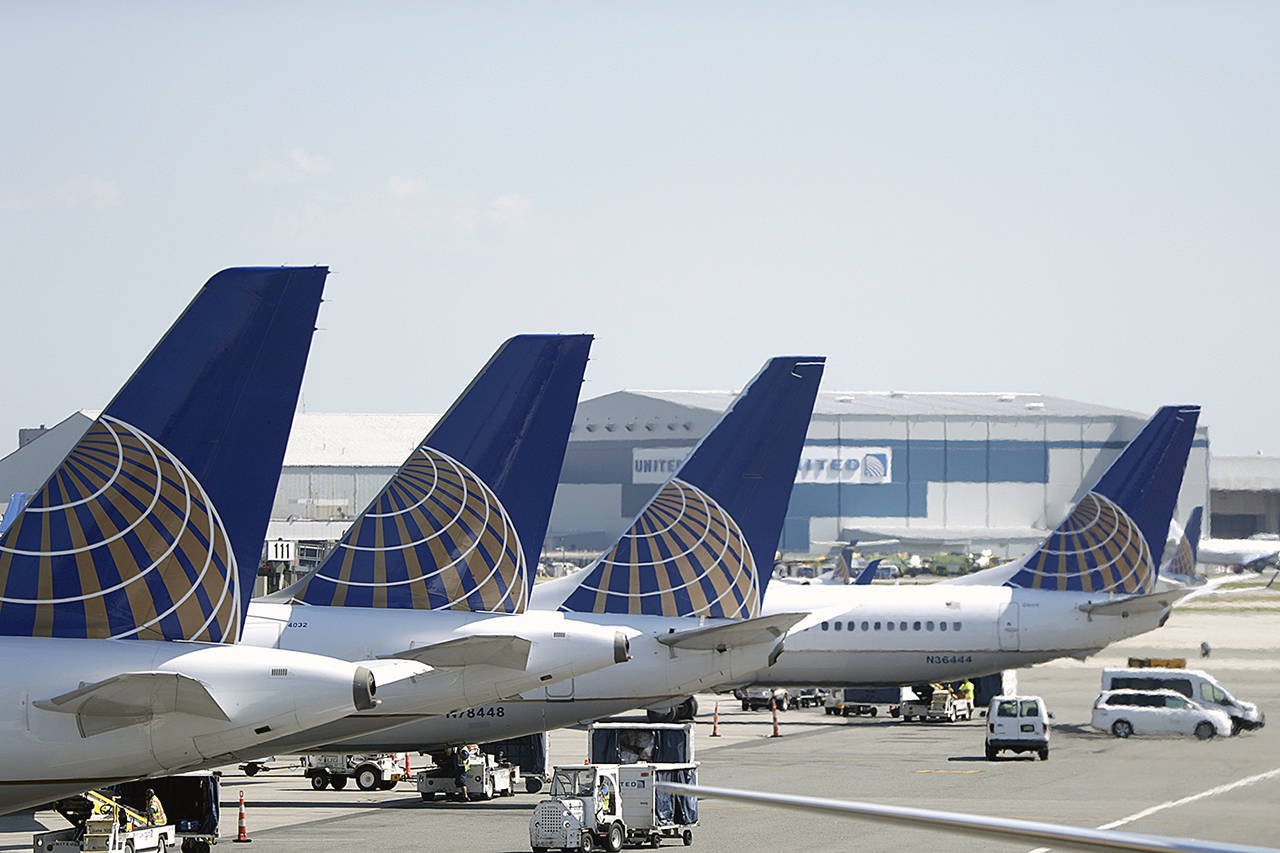 In this 2018 photo, United Airlines commercial jets sit at a gate at Terminal C of Newark Liberty International Airport in Newark, New Jersey. United said Friday it has removed the Max from its schedule through Aug. 3 and will cancel about 2,400 flights in June and July as a result. (AP Photo/Julio Cortez, File)