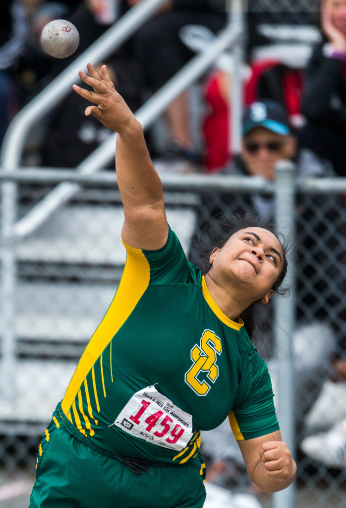 Shorecrest’s Kiana Lino launches the shotduring the second day of competition at the 4A/3A/2A State Track Field Championships on Friday at Mount Tahoma High School. (Olivia Vanni / The Herald)
