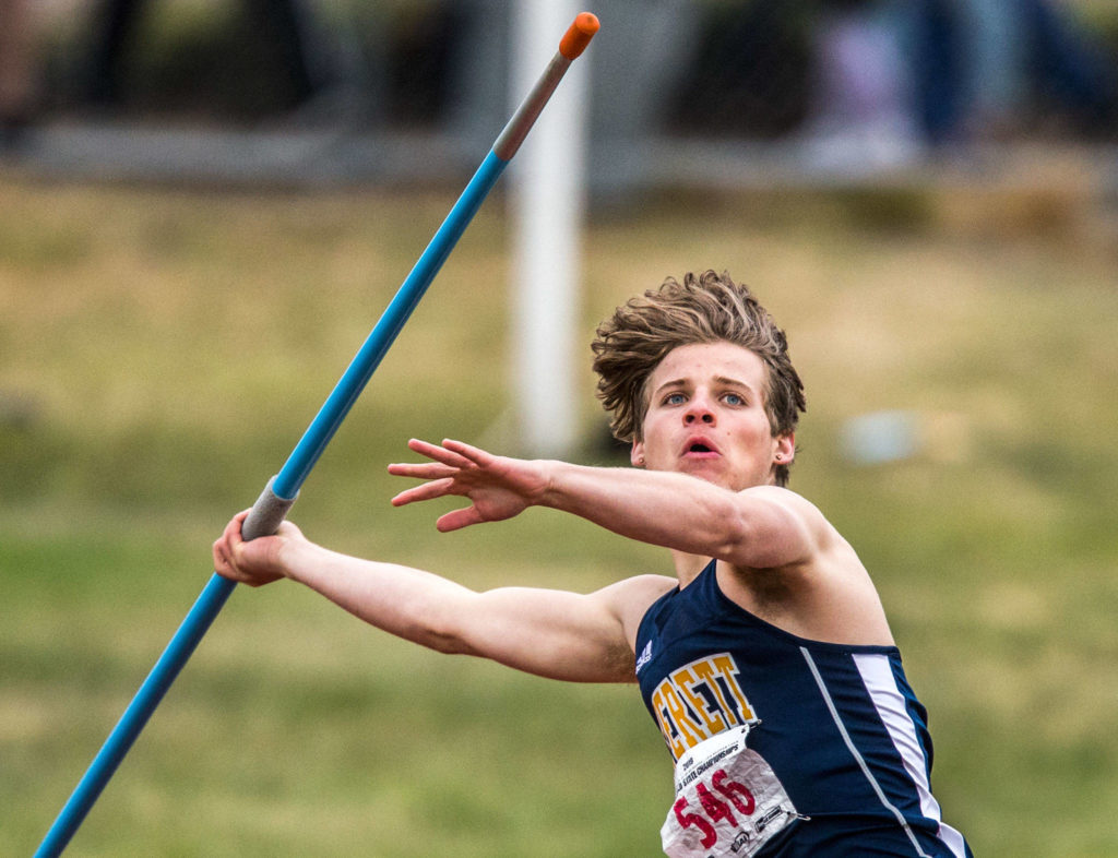 Everett’s Cody Bennett throws the javelin during the second day of competition at the 4A/3A/2A State Track Field Championships on Friday at Mount Tahoma High School in Tacoma. (Olivia Vanni / The Herald)
