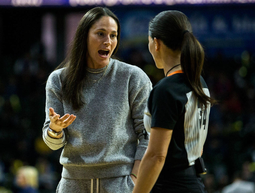 Seattle Storm’s Sue Bird has a word with a referee after a Phoenix player yells at a Storm player during a free throw during the season opener game against the Phoenix Mercury on Saturday, May 25, 2019 in Everett, Wash. (Olivia Vanni / The Herald)
