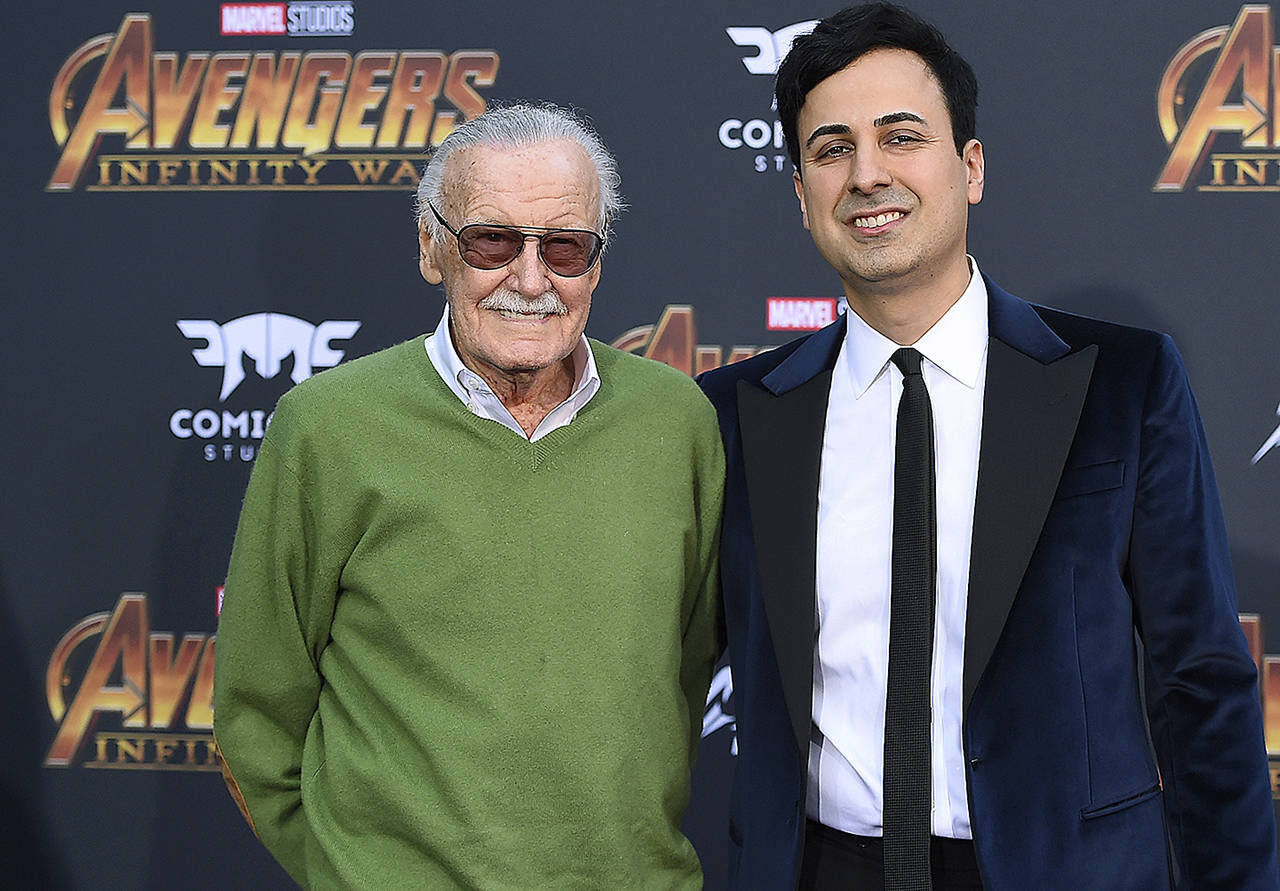 In this April 23, 2018 photo, Stan Lee (left) and Keya Morgan arrive at the world premiere of “Avengers: Infinity War” in Los Angeles. (Photo by Jordan Strauss/Invision/AP, File)