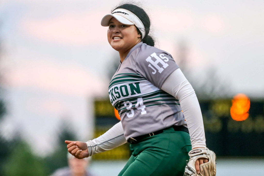 Jackson ace Iyanla De Jesus celebrates striking out a Lake Stevens batter during the state championships game. The two-way star pitched 23 innings in four games Saturday during the Timberwolves’ state-title run. (Kevin Clark / The Herald)
