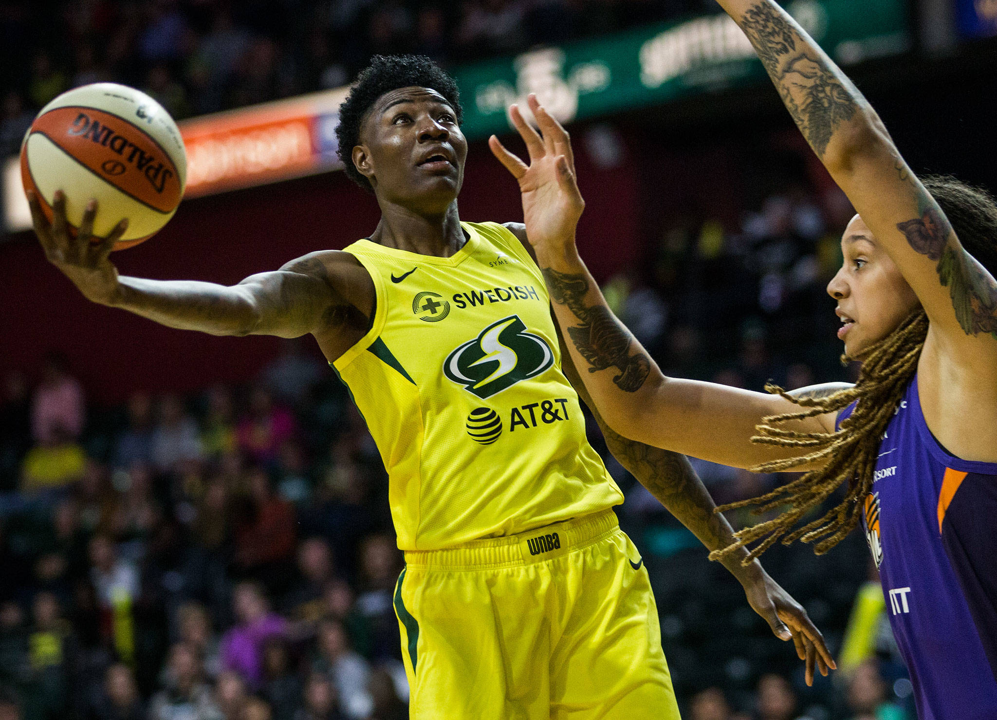 Seattle Storm’s Natasha Howard attempts a layup during the season opener game against the Phoenix Mercury on Saturday, May 25, 2019 in Everett, Wash. (Olivia Vanni / The Herald)