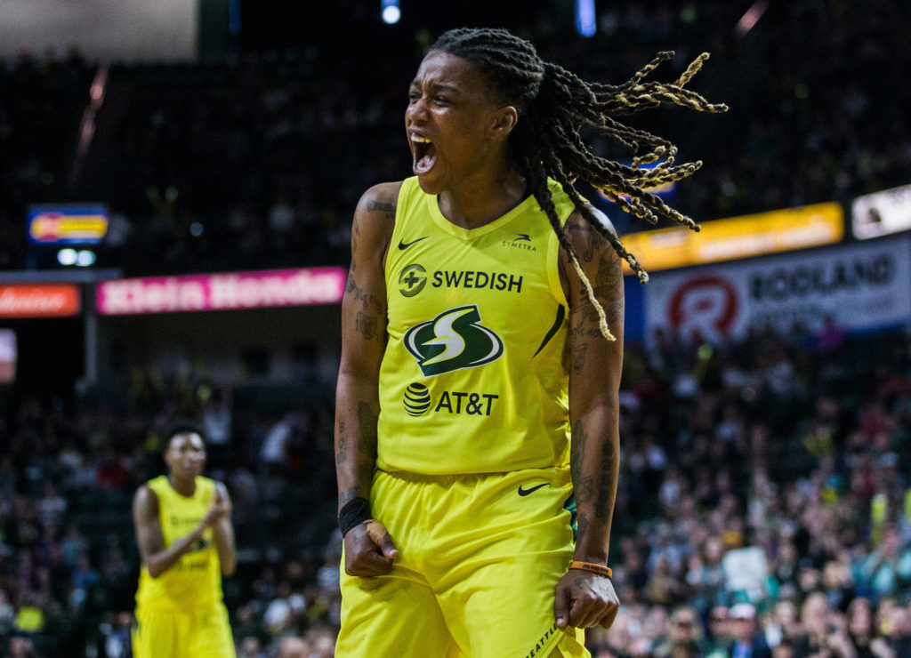 Seattle Storm’s Shavonte Zellous yells after scoring and getting a foul call against the Phoenix Mercury during the season opener game on Saturday, May 25, 2019 in Everett, Wash. (Olivia Vanni / The Herald)
