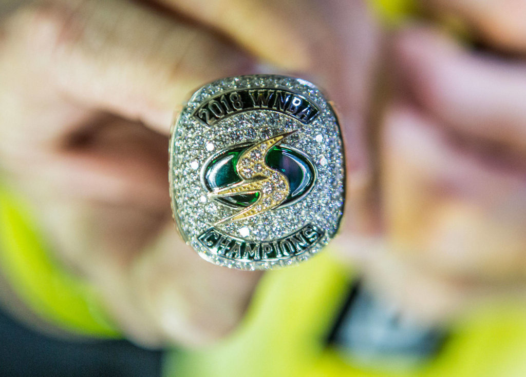 The Seattle Storm’s 2018 WNBA championship ring after the ring ceremony during the season opener game against the Phoenix Mercury on Saturday, May 25, 2019 in Everett, Wash. (Olivia Vanni / The Herald)

