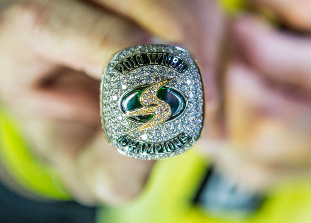 The Seattle Storm’s 2018 WNBA championship ring after the ring ceremony during the season opener game against the Phoenix Mercury on Saturday, May 25, 2019 in Everett, Wash. (Olivia Vanni / The Herald)
