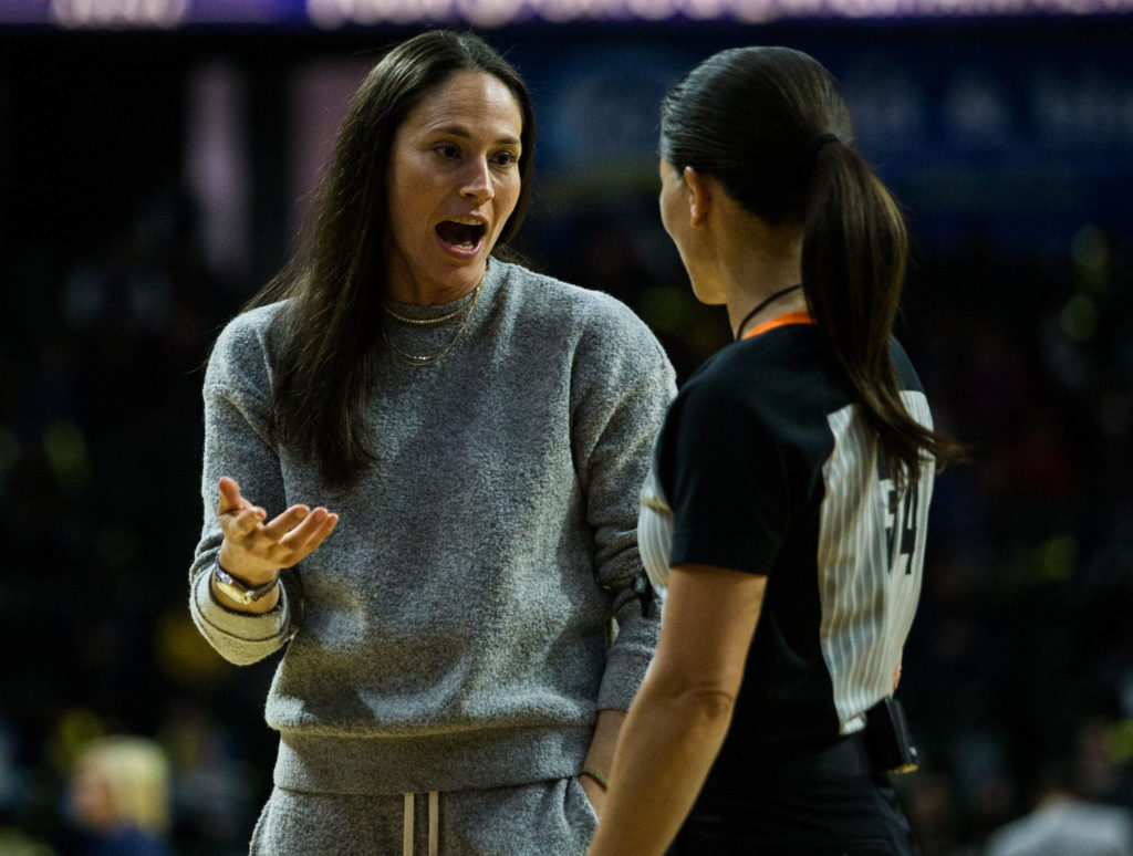 Seattle Storm’s Sue Bird has a word with a referee after a Phoenix player yells at a Storm player during a free throw during the season opener game against the Phoenix Mercury on Saturday, May 25, 2019 in Everett, Wash. (Olivia Vanni / The Herald)
