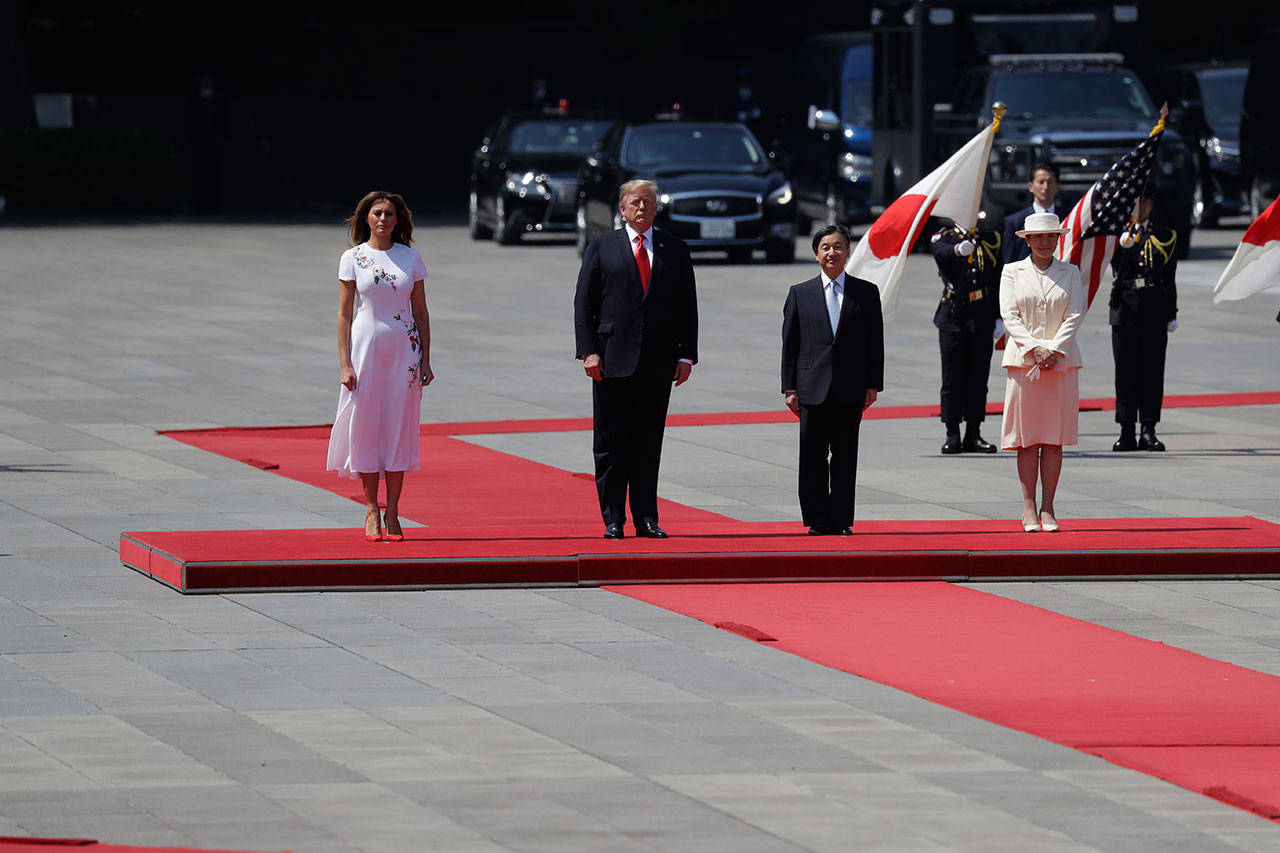 President Donald Trump and first lady Melania Trump participate with Japanese Emperor Naruhito and Empress Masako during an Imperial Palace welcome ceremony Monday at the Imperial Palace in Tokyo. (AP Photo/Evan Vucci)