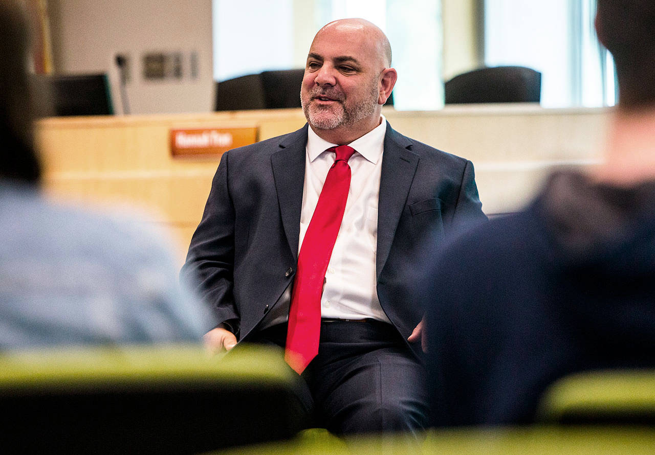 Ian Saltzman during the student portion of the new Everett Public Schools’ superintendent interviews on Wednesday in Everett. (Olivia Vanni / The Herald)