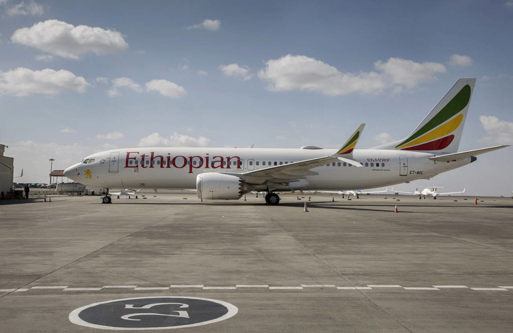 In this March 23 photo, an Ethiopian Airlines Boeing 737 Max 8 sits grounded at Bole International Airport in Addis Ababa, Ethiopia. (AP Photo/Mulugeta Ayene, File)
