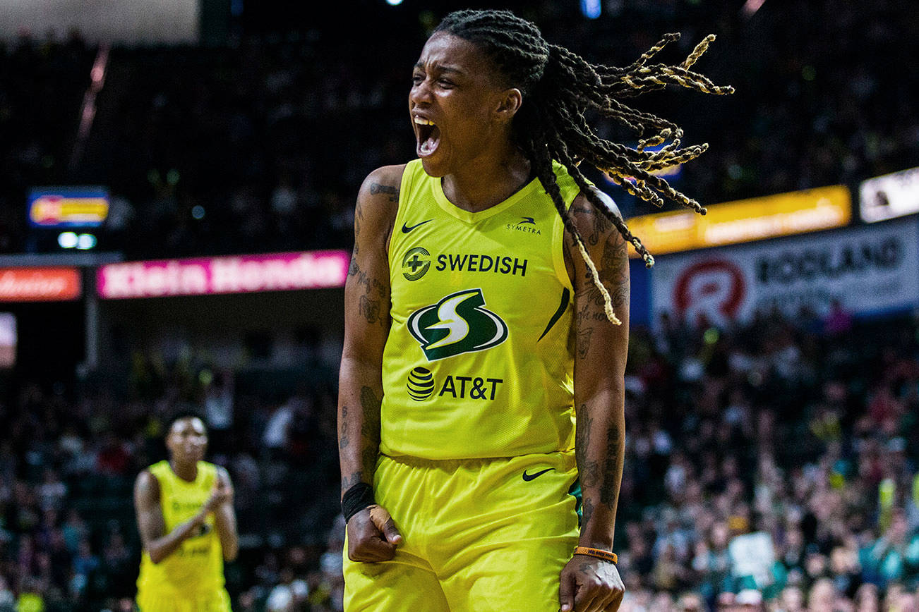 The Seattle Storm’s Shavonte Zellous yells after scoring and getting a foul call against the Phoenix Mercury during the season opener on Saturday, May 25, 2019 in Everett, Wash. (Olivia Vanni / The Herald)